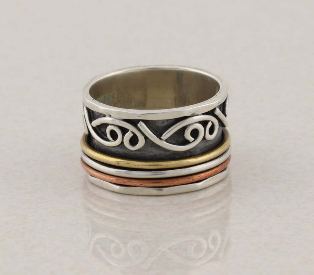 Sterling Silver Unique Thick Band Spinner Ring Bronze & Copper Size 8